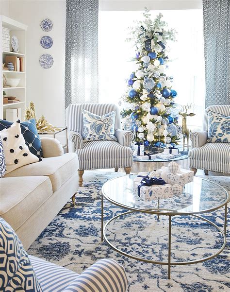 blue and white christmas living room